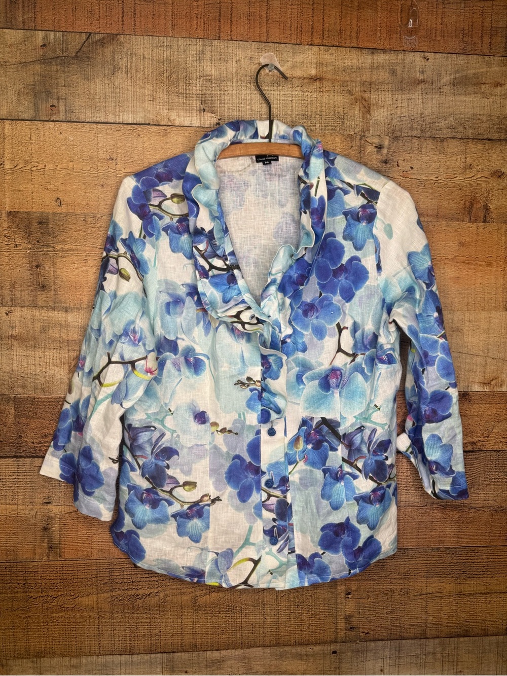 Connie Roberson 100% Linen Shirt Top Size M Floral Print Vintage Blue Orchid